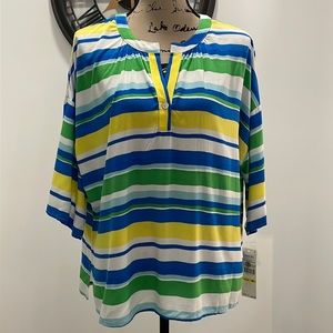 Ruby road medium blue, green, yellow and white stripe blouse nwt